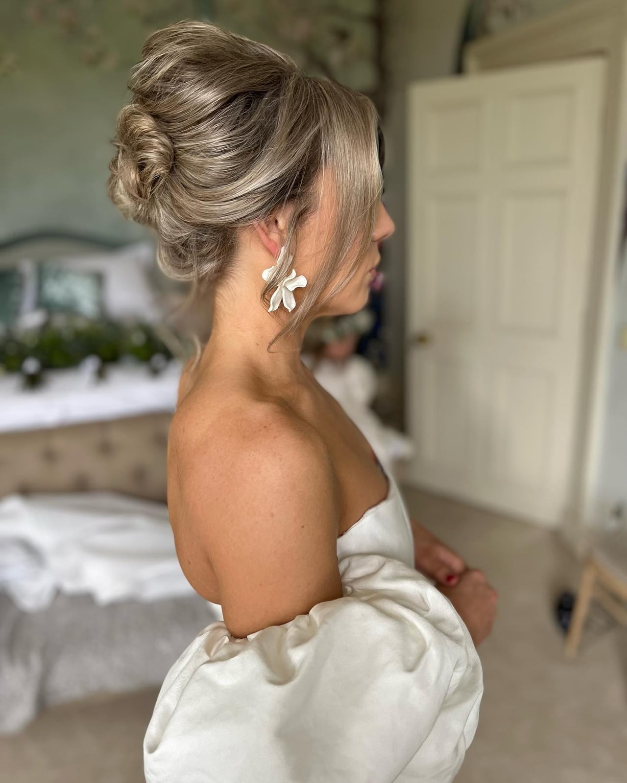 Ash Blonde Voluminous Updo With Curtain Bangs Ash Blonde Voluminous Updo With Curtain Bangs — Trendy Bridesmaid Hair Updo