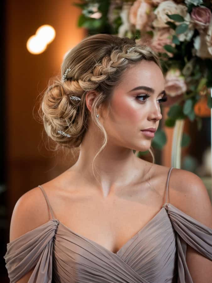 Champagne Blonde Braided Crown Updo Champagne Blonde Braided Crown Updo — Trendy Bridesmaid Hair Updo
