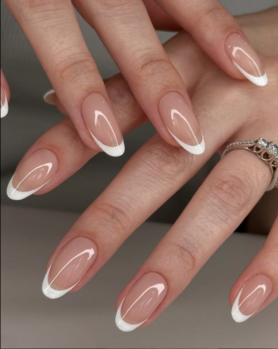 Sheer Nude Thin White French Almonds Sheer Nude Thin White French Almonds — Trendy Bridesmaid Nails