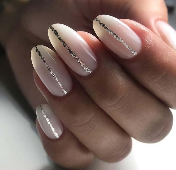 Creamy Silver Stripe Ombre Oval Nails Creamy Silver Stripe Ombre Oval Nails — Trendy Bridesmaid Nails