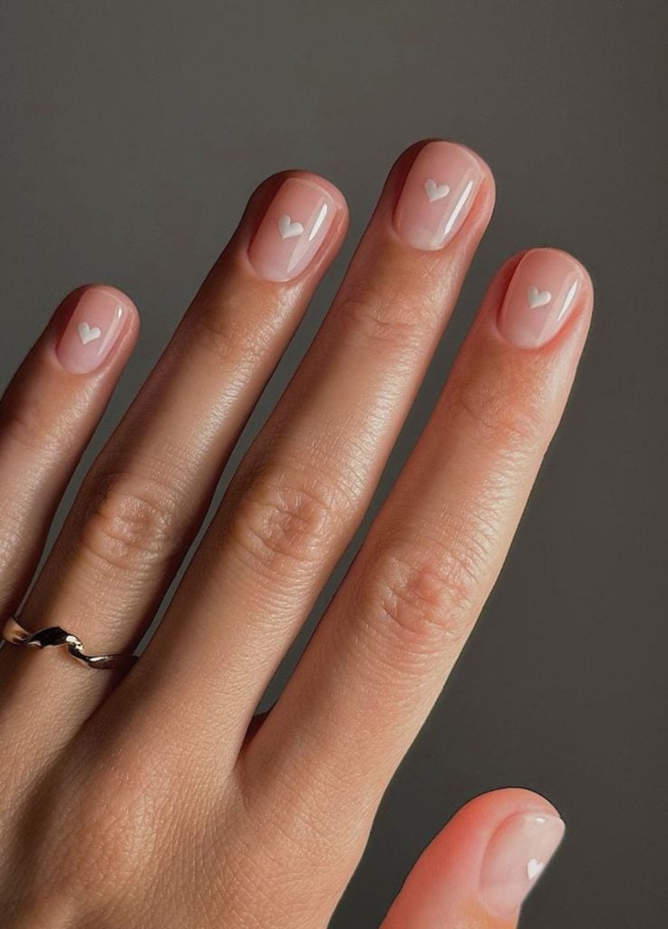 Sheer Nude Pink Tiny Heart Nails Sheer Nude Pink Tiny Heart Nails — Trendy Bridesmaid Nails