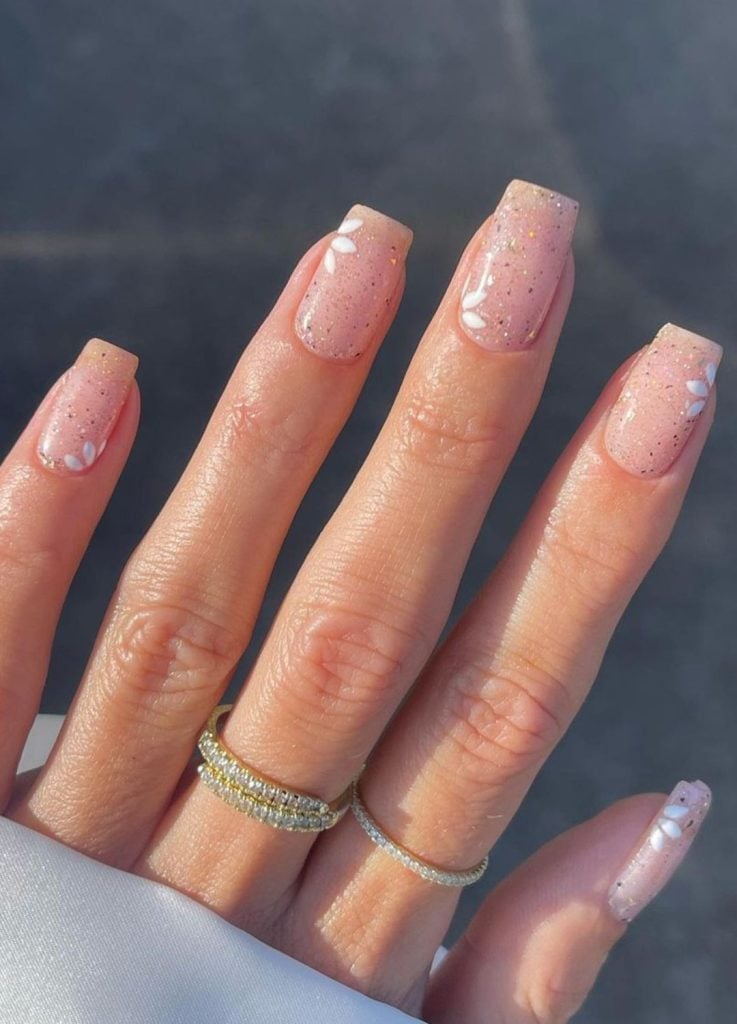 Sheer Pink Floral Glitter Short Square Sheer Pink Floral Glitter Short Square — Trendy Bridesmaid Nails