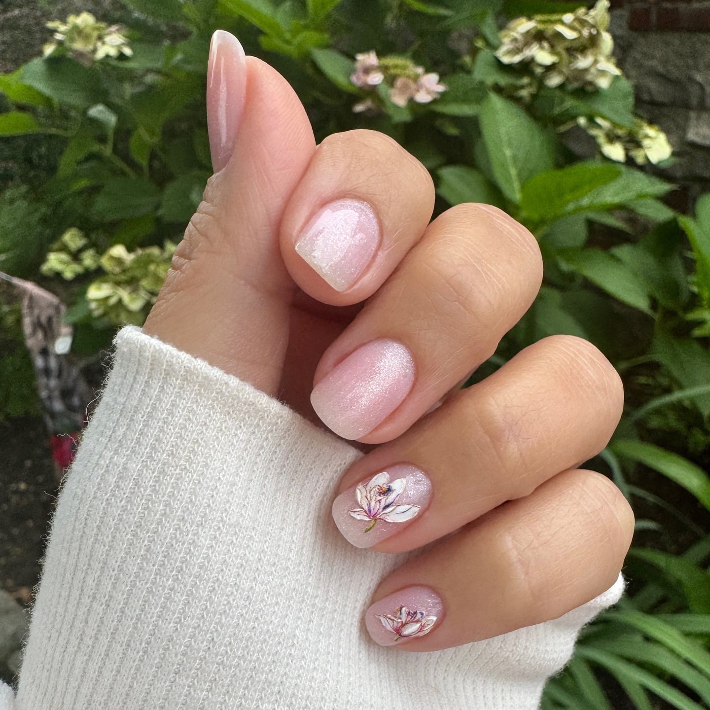 Sheer Pink Floral Motif Short Almond Sheer Pink Floral Motif Short Almond — Trendy Bridesmaid Nails