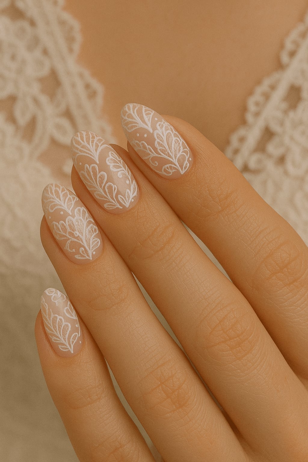 Sheer Nude White Lace Oval Nails Sheer Nude White Lace Oval Nails — Trendy Bridesmaid Nails