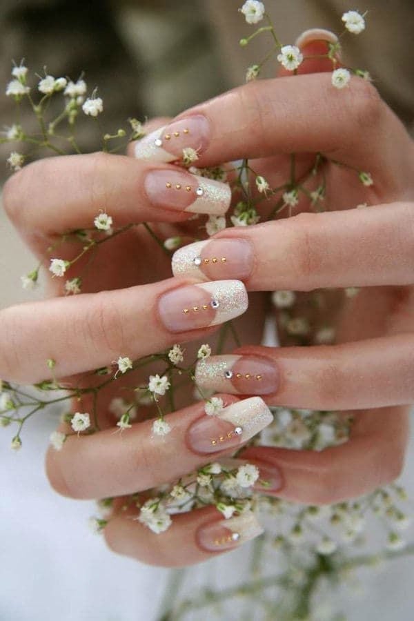 Nude Glitter French Gold Studs Square Nude Glitter French Gold Studs Square — Trendy Bridesmaid Nails