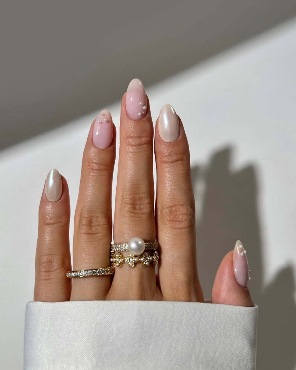 Pearl Embellished Soft Pink Almonds Pearl Embellished Soft Pink Almonds — Trendy Bridesmaid Nails