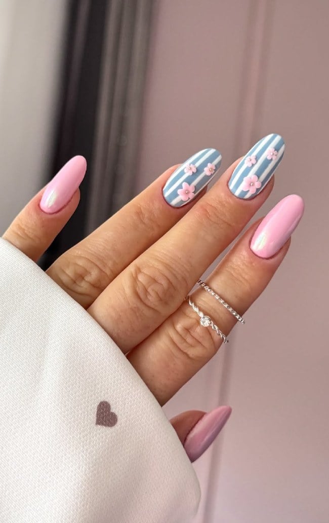Pink Blue White Stripe Flower Almonds Pink Blue White Stripe Flower Almonds — Trendy Bridesmaid Nails