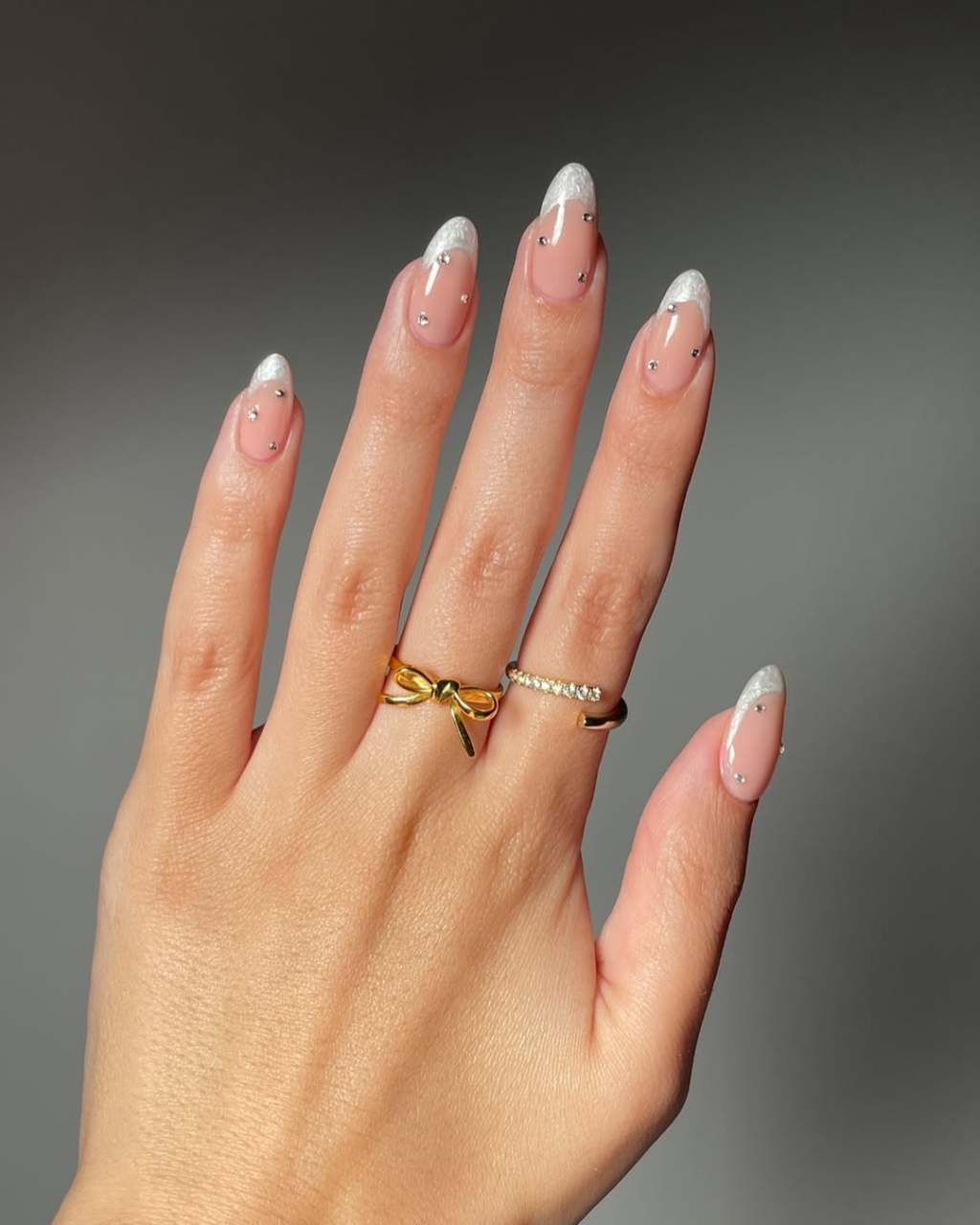 Nude Glitter French Rhinestone Almonds Nude Glitter French Rhinestone Almonds — Trendy Bridesmaid Nails