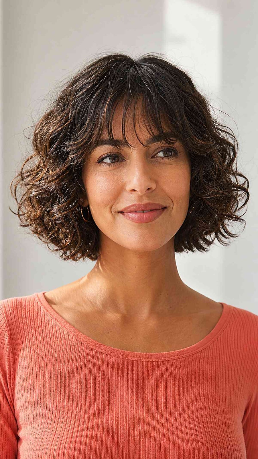 Chin Length Bob With Short Bangs — Trendy Brown Curly Hair