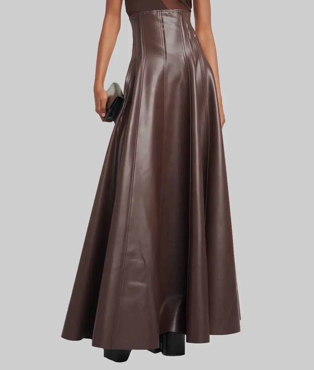 Elegant A-Line Maxi Skirt for Evening Elegant A-Line Maxi Skirt for Evening — Trendy Brown Leather Skirt Outfit