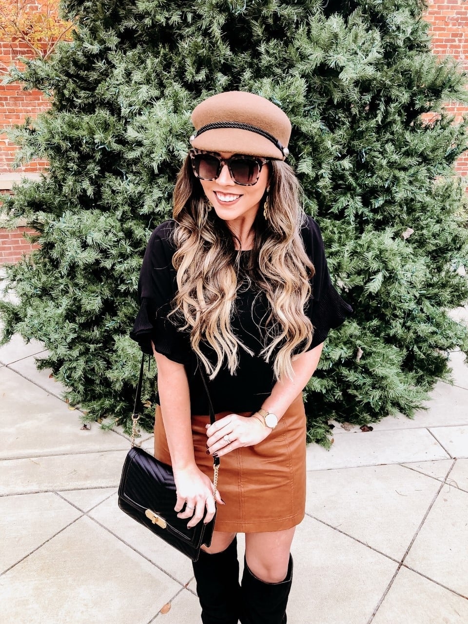 Leather Mini Skirt with Newsboy Cap Leather Mini Skirt with Newsboy Cap — Trendy Brown Leather Skirt Outfit