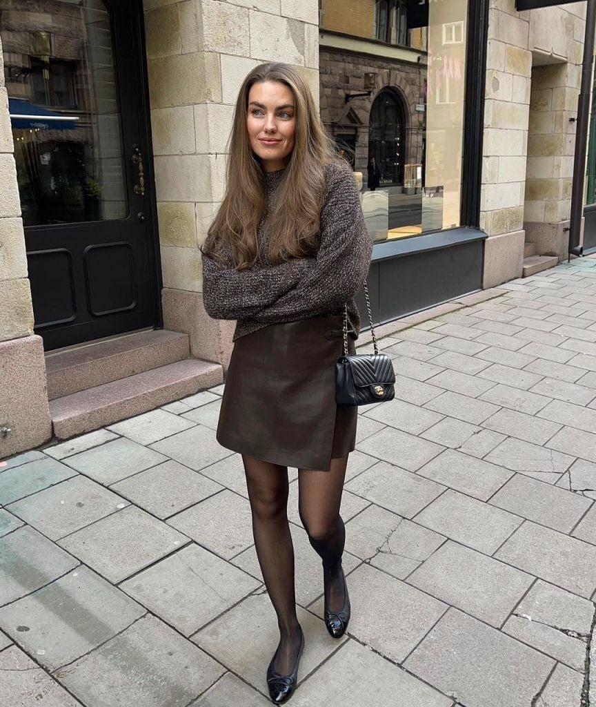 Casual Mini Skirt with Knit Sweater and Plaid Jacket, Close-Up Take Casual Mini Skirt with Knit Sweater and Plaid Jacket, Close-Up Take — Trendy Brown Leather Skirt Outfit