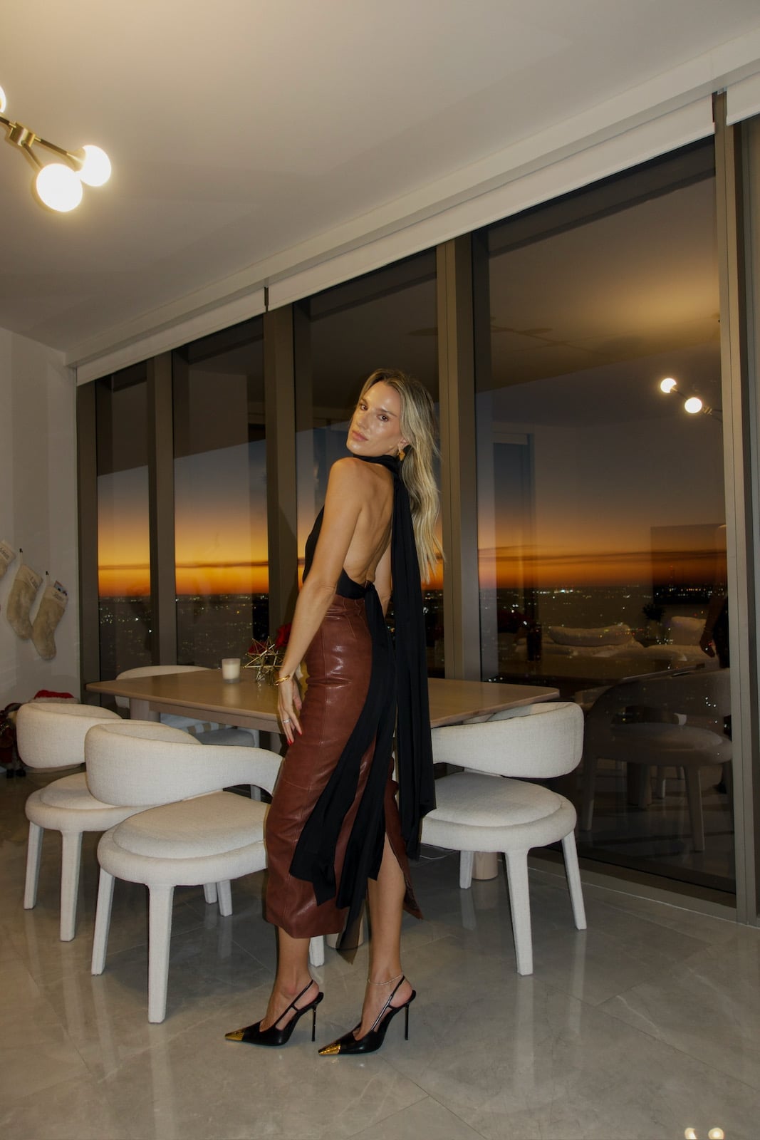 Pencil Midi Skirt with Halter Top and Gold Accents Pencil Midi Skirt with Halter Top and Gold Accents — Trendy Brown Leather Skirt Outfit