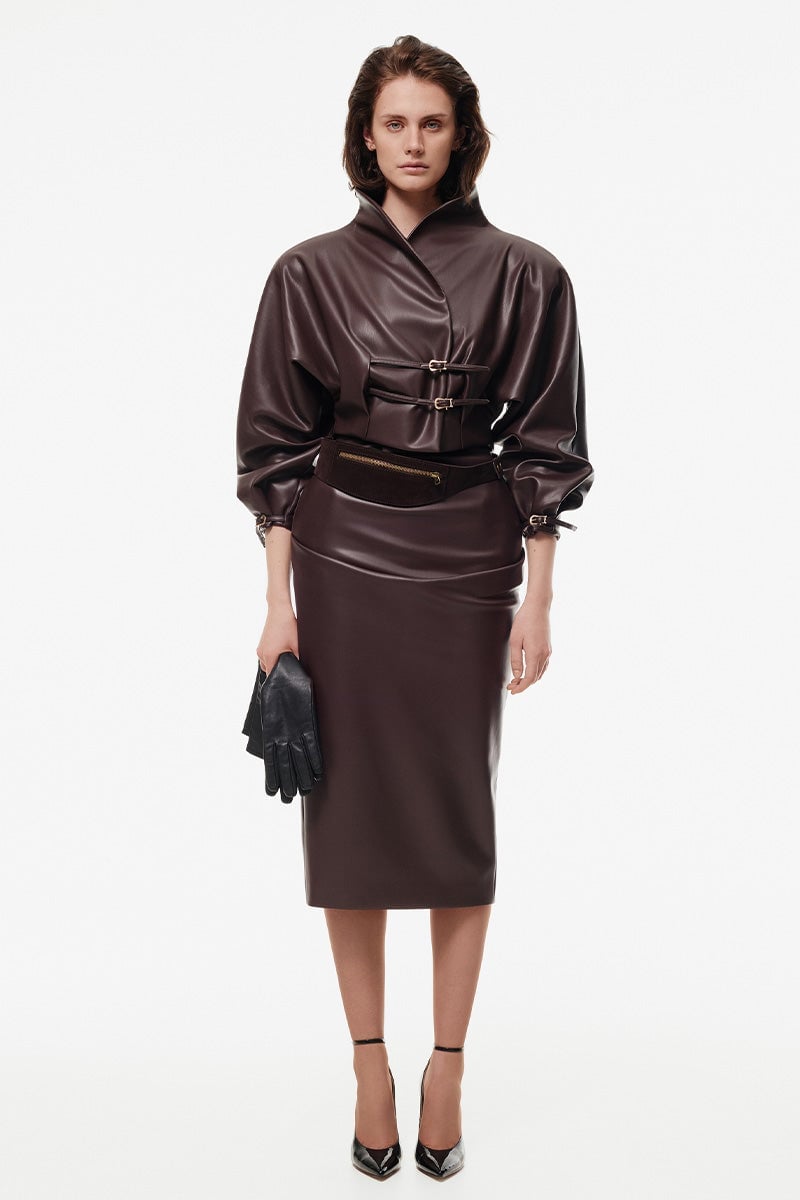 Sophisticated Pencil Skirt and Jacket Set Sophisticated Pencil Skirt and Jacket Set — Trendy Brown Leather Skirt Outfit