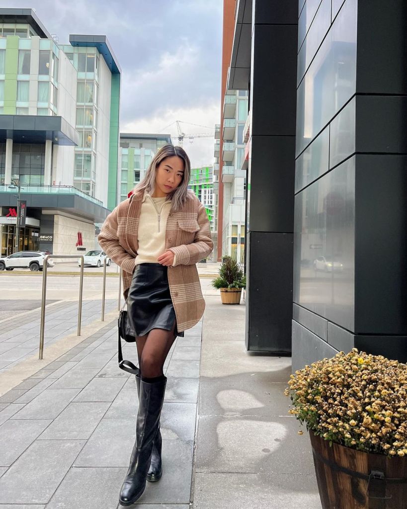 Mini Leather Skirt with Plaid Jacket and Knee-High Boots Mini Leather Skirt with Plaid Jacket and Knee-High Boots — Trendy Brown Leather Skirt Outfit