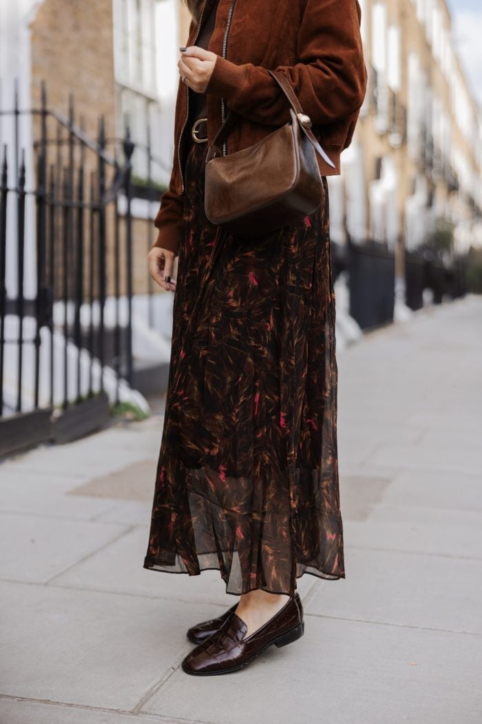 Patent Loafers With Midi Skirt and Bomber Jacket Patent Loafers With Midi Skirt and Bomber Jacket — Trendy Brown Loafers Outfit