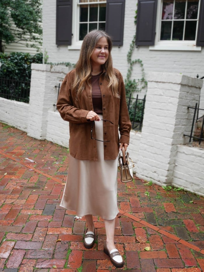 Penny Loafers With Slip Dress and Suede Jacket Penny Loafers With Slip Dress and Suede Jacket — Trendy Brown Loafers Outfit