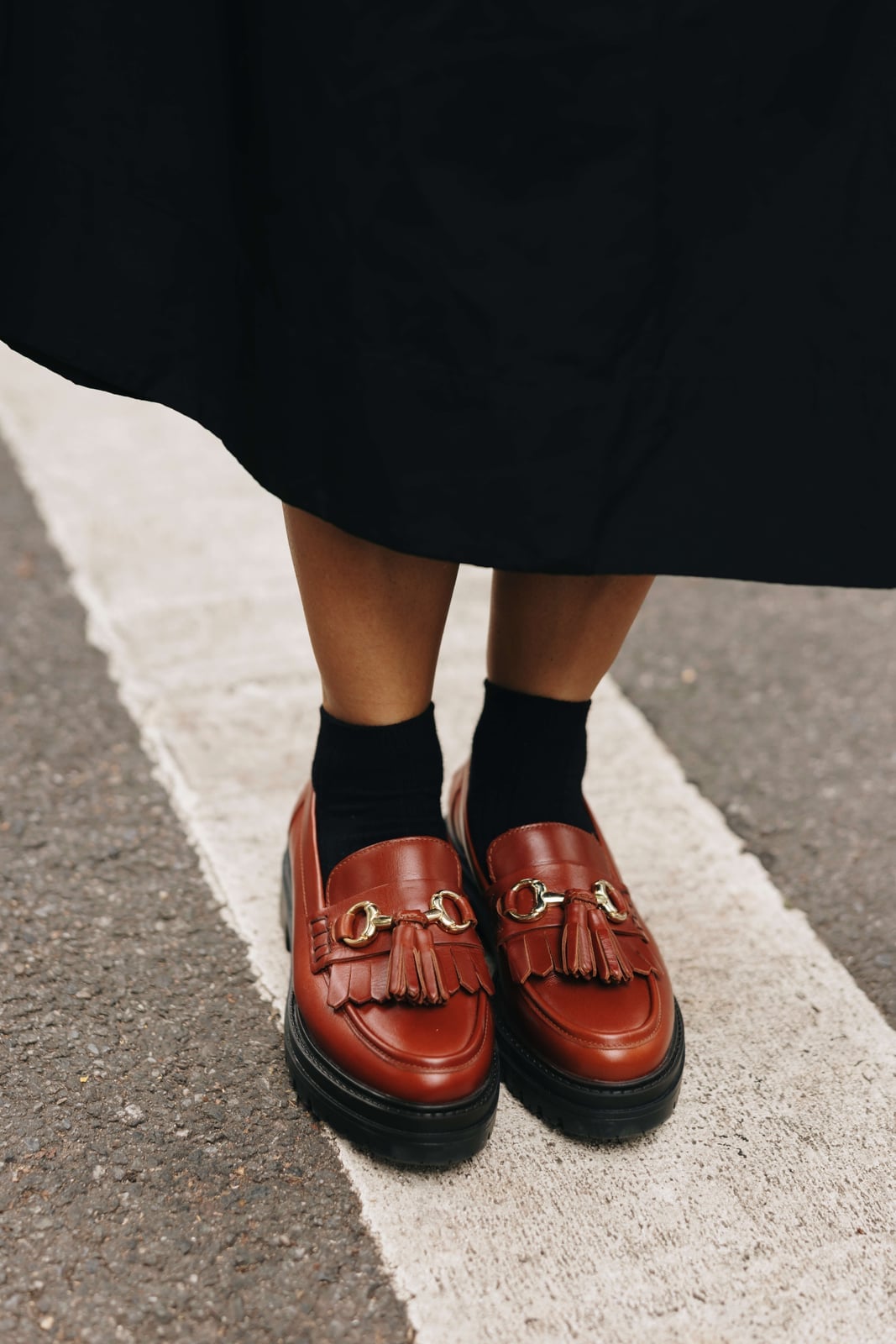 Chunky Loafers With Gold Hardware and Black Socks Chunky Loafers With Gold Hardware and Black Socks — Trendy Brown Loafers Outfit