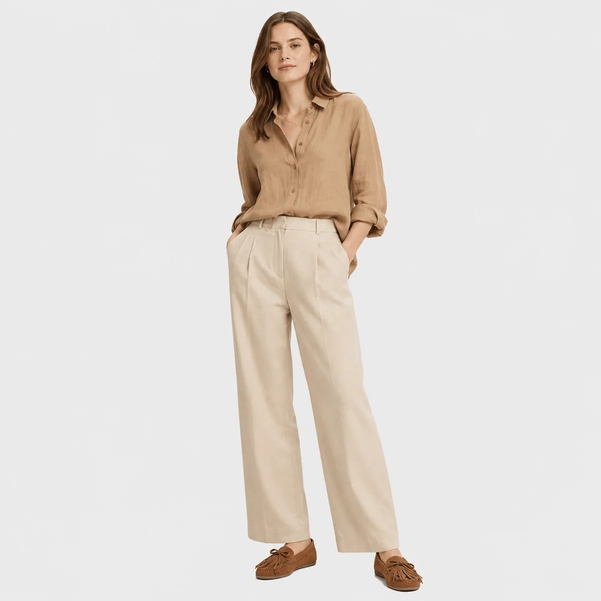 Brown Linen Shirt With Beige Trousers Brown Linen Shirt With Beige Trousers — Trendy Brown Loafers Outfit