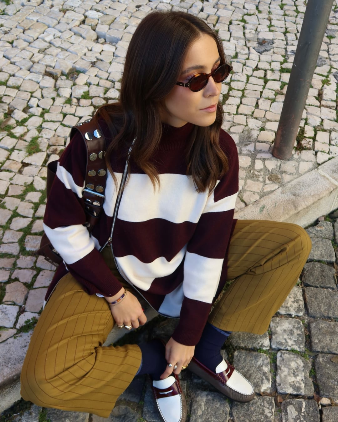 Two-Tone Loafers With Pinstripe Trousers Two-Tone Loafers With Pinstripe Trousers — Trendy Brown Loafers Outfit