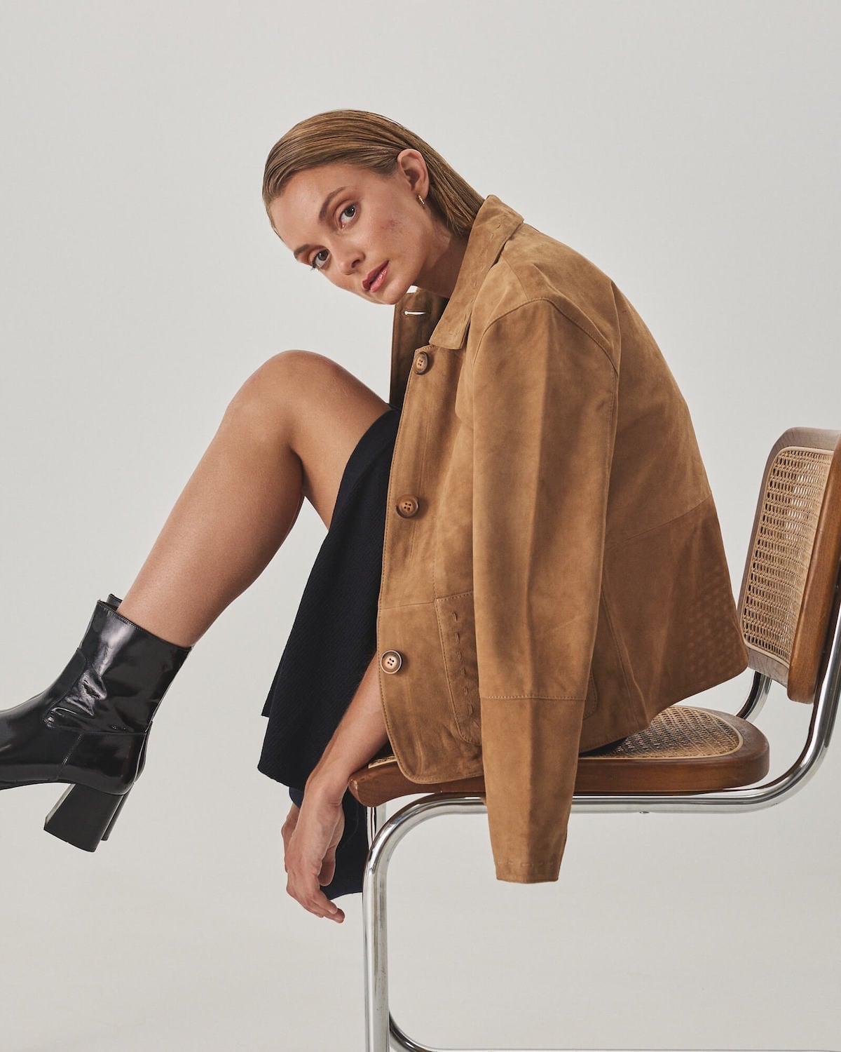 Tan Suede Jacket With Button Details — Trendy Brown Suede Jacket Outfit
