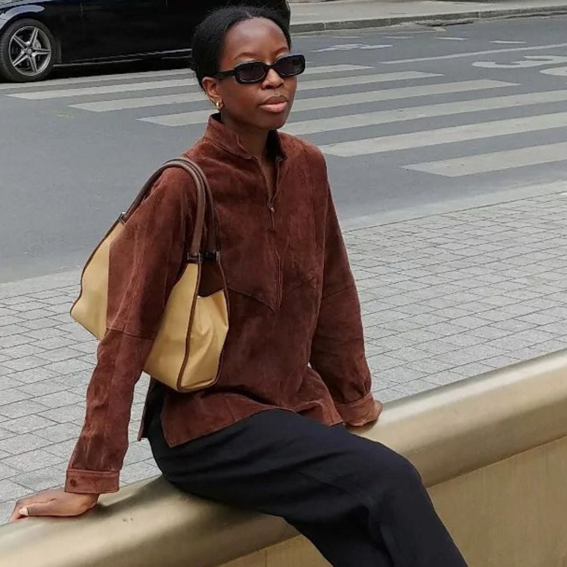 Brown Suede Utility Jacket With Plaid Scarf — Trendy Brown Suede Jacket Outfit