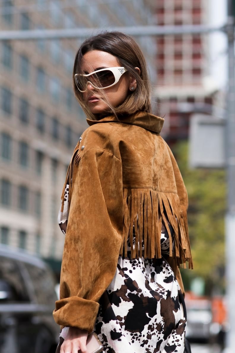 Brown Suede Fringe Jacket With Printed Dress — Trendy Brown Suede Jacket Outfit