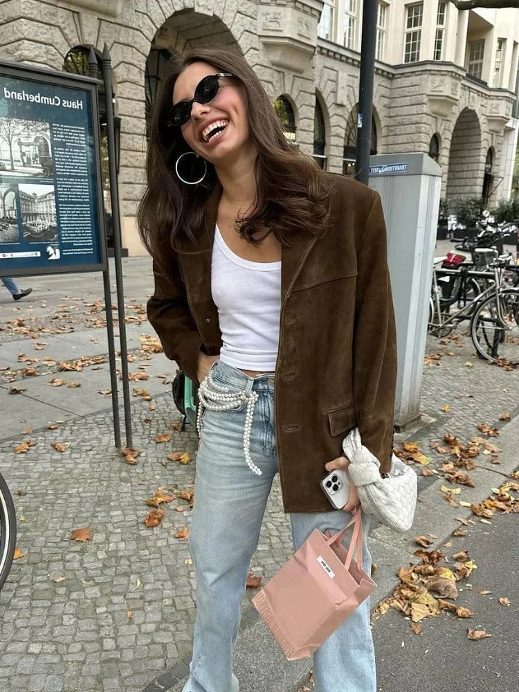Oversized Brown Suede Blazer With Pearl Belt — Trendy Brown Suede Jacket Outfit