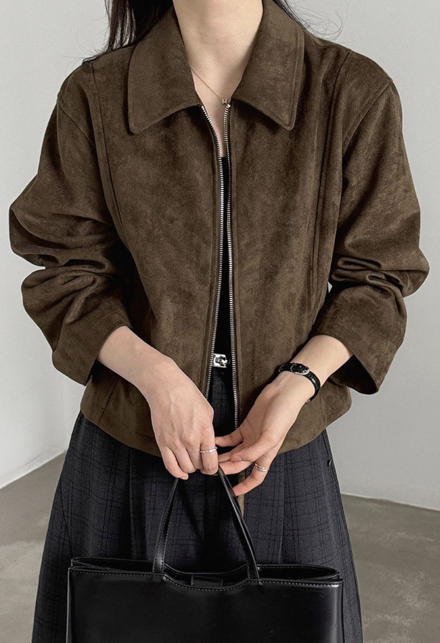 Brown Faux Suede Jacket With Zipper Detail — Trendy Brown Suede Jacket Outfit