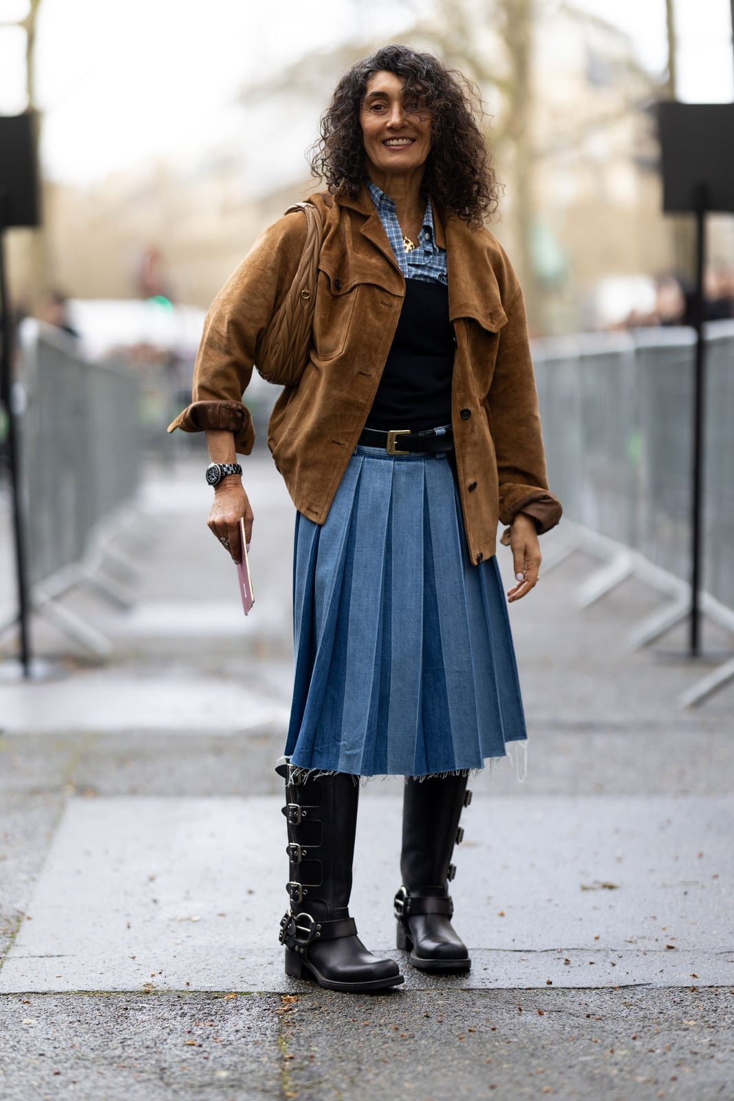 Brown Suede Jacket Over Plaid Shirt and Denim Skirt — Trendy Brown Suede Jacket Outfit