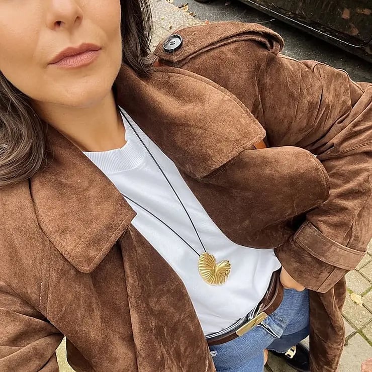 Brown Suede Jacket With Gold Pendant Necklace — Trendy Brown Suede Jacket Outfit
