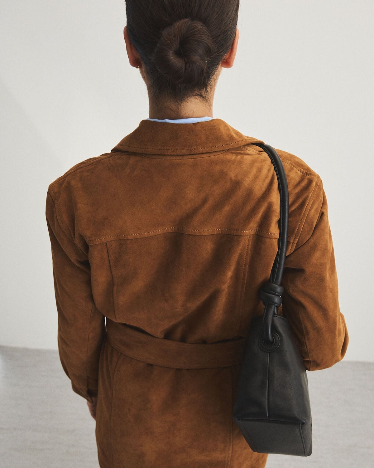 Brown Suede Jacket With Belt Detail — Trendy Brown Suede Jacket Outfit