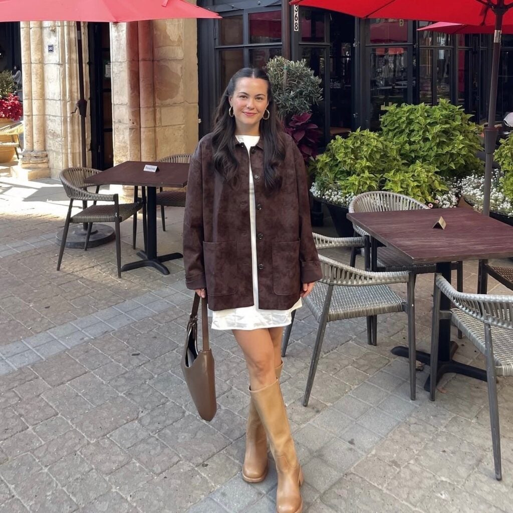 Oversized Brown Suede Jacket With Mini Dress — Trendy Brown Suede Jacket Outfit