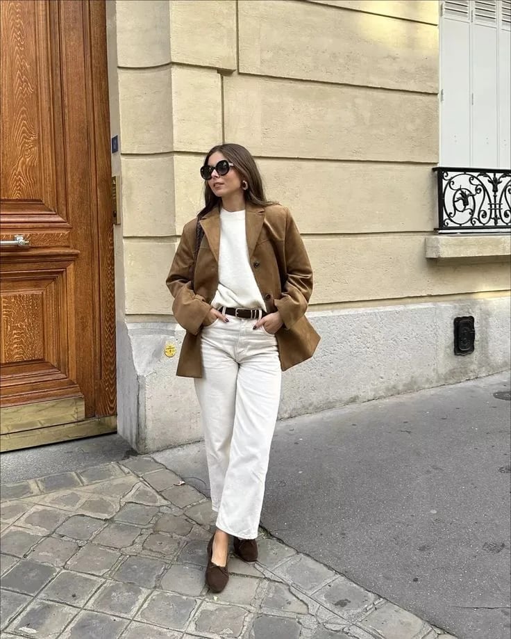 Chic Brown Suede Blazer With White Sweater and Jeans — Trendy Brown Suede Jacket Outfit