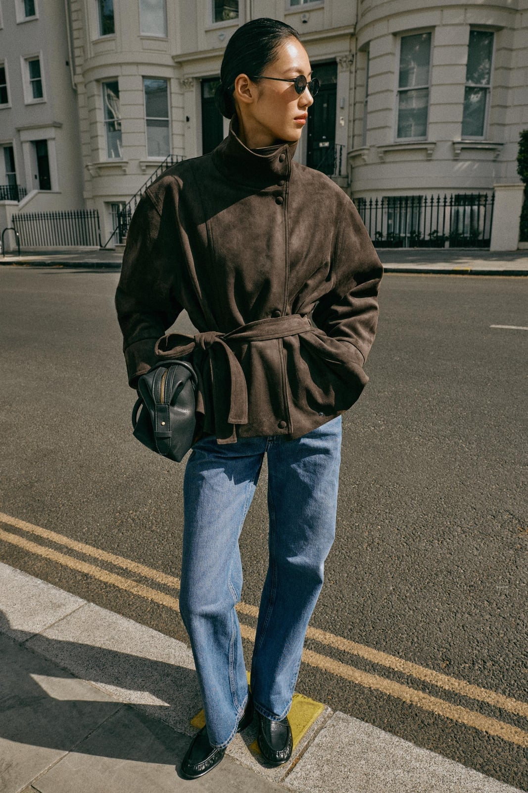 Dark Camel Faux Suede Belted Jacket — Trendy Brown Suede Jacket Outfit