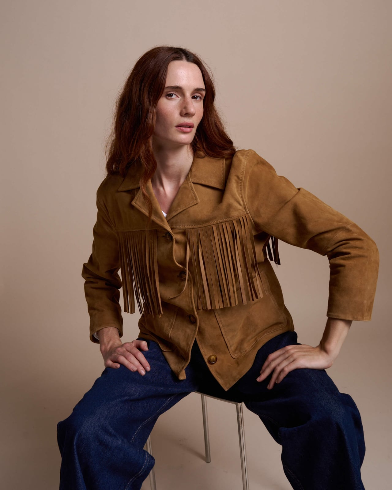 Embroidered Brown Suede Jacket With Lace Top — Trendy Brown Suede Jacket Outfit