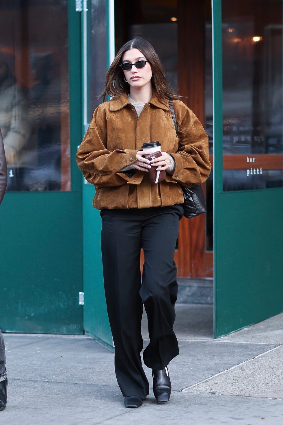Oversized Brown Suede Jacket With Gray Knit — Trendy Brown Suede Jacket Outfit