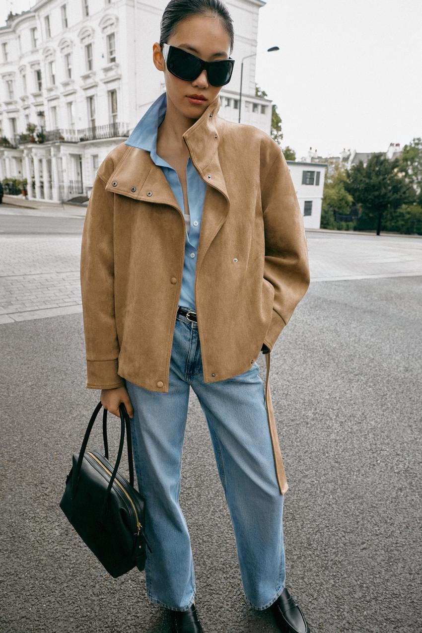 Tan Faux Suede Jacket Over Light Blue Shirt — Trendy Brown Suede Jacket Outfit