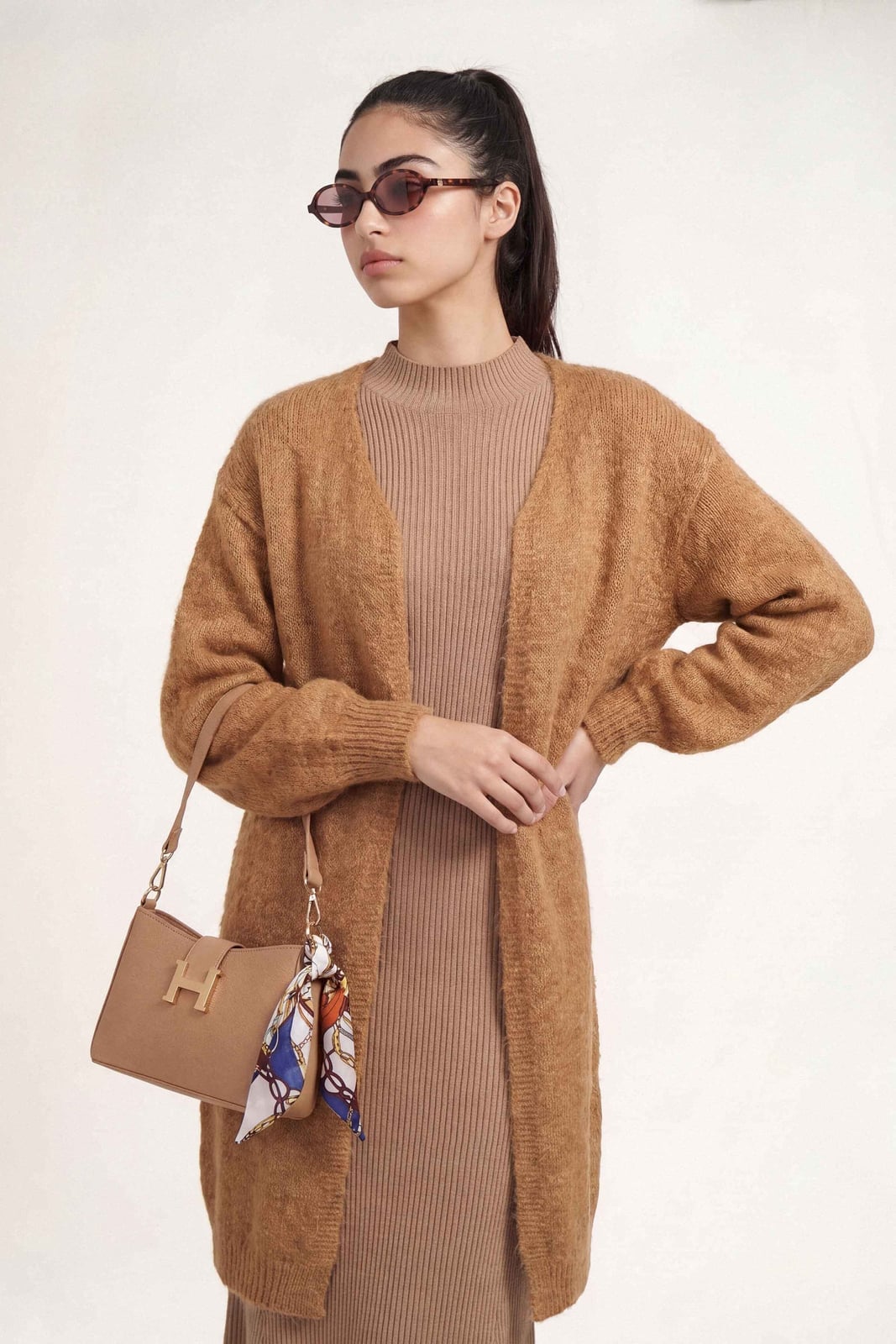 Brown Ribbed Mock Neck Dress with Longline Cardigan Brown Ribbed Mock Neck Dress with Longline Cardigan — Trendy Brown Sweater Outfit