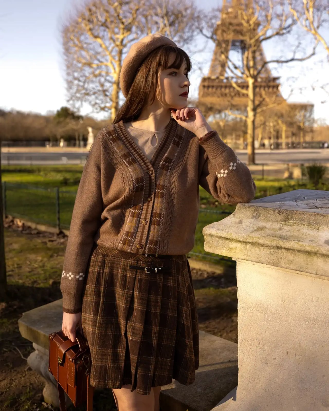 Brown Knit Cardigan with Plaid Pleated Mini Skirt Brown Knit Cardigan with Plaid Pleated Mini Skirt — Trendy Brown Sweater Outfit
