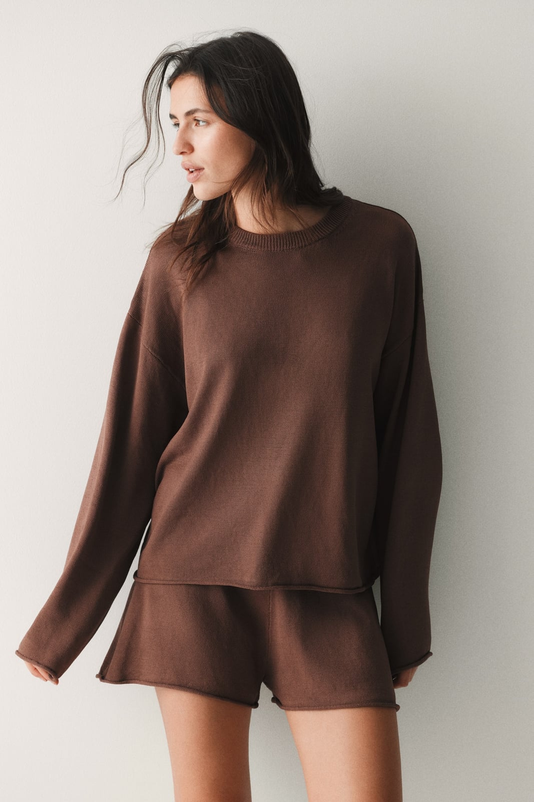 Brown Oversized Knit Sweater with Matching Shorts Brown Oversized Knit Sweater with Matching Shorts — Trendy Brown Sweater Outfit