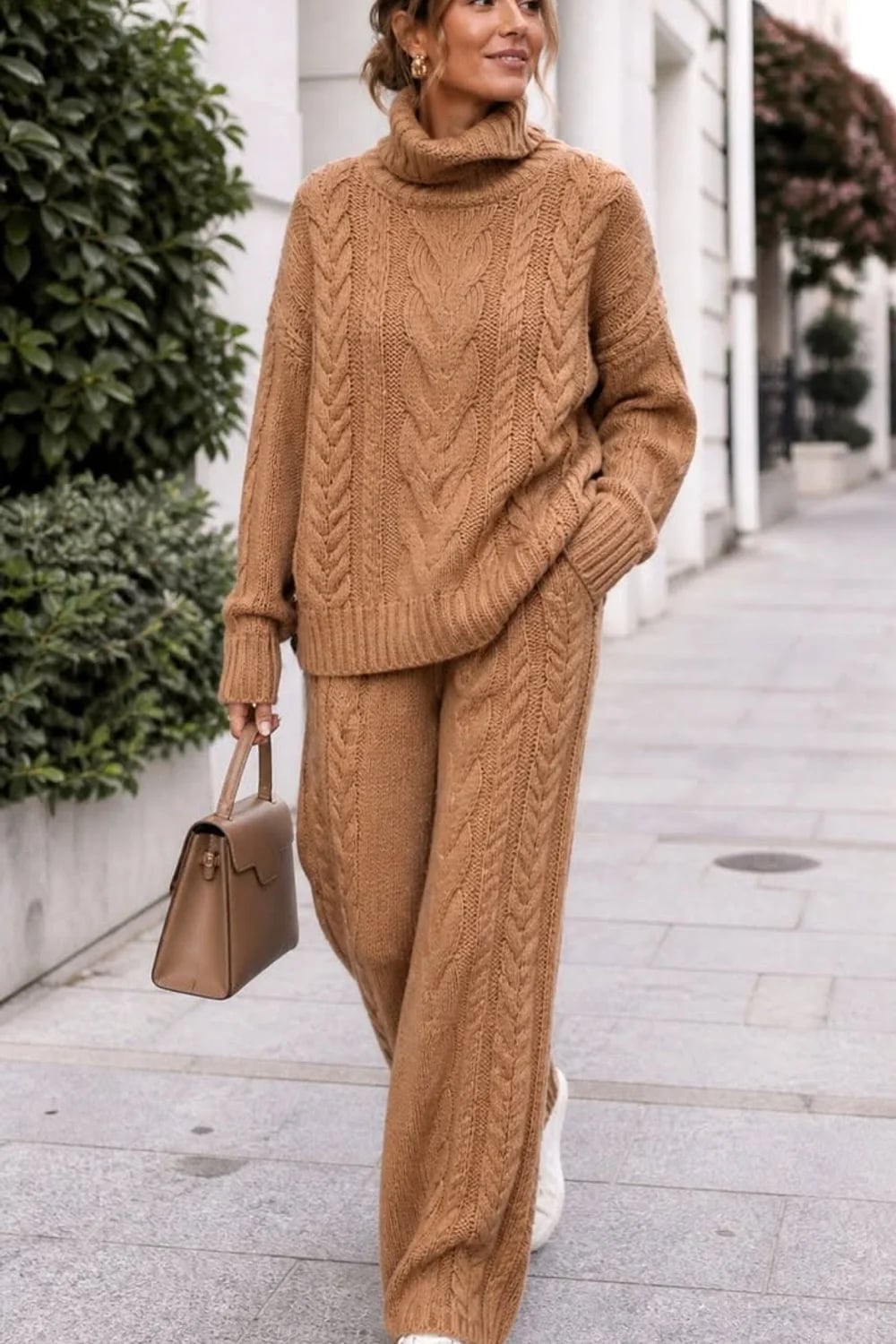 Mocha Brown Turtleneck Sweater and Trousers Matching Set Mocha Brown Turtleneck Sweater and Trousers Matching Set — Trendy Brown Sweater Outfit