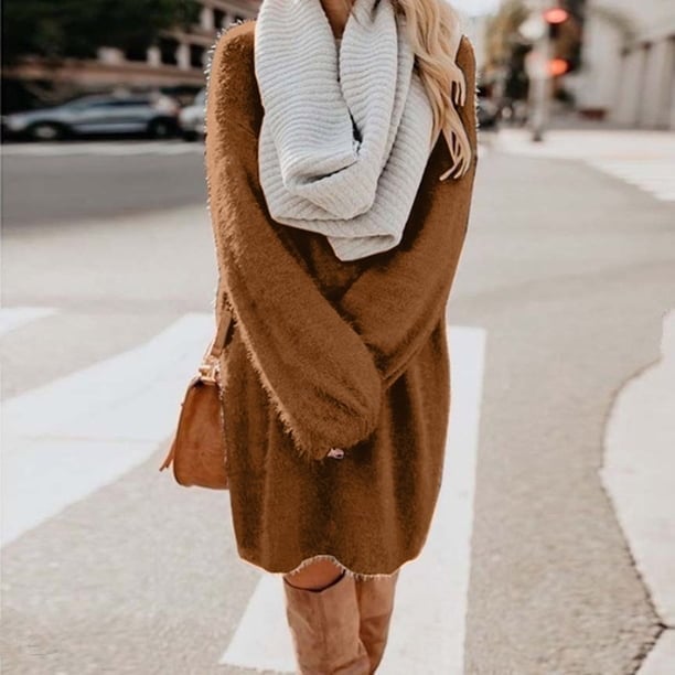 Fluffy Brown Sweater Dress with Gray Scarf Fluffy Brown Sweater Dress with Gray Scarf — Trendy Brown Sweater Outfit