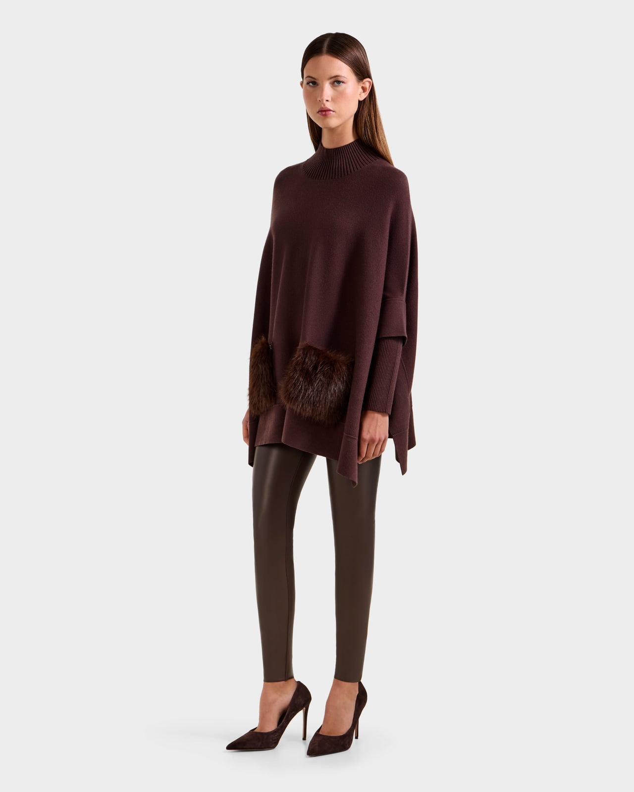 Oversized Mocha Brown Knit Poncho Sweater with Leggings Oversized Mocha Brown Knit Poncho Sweater with Leggings — Trendy Brown Sweater Outfit