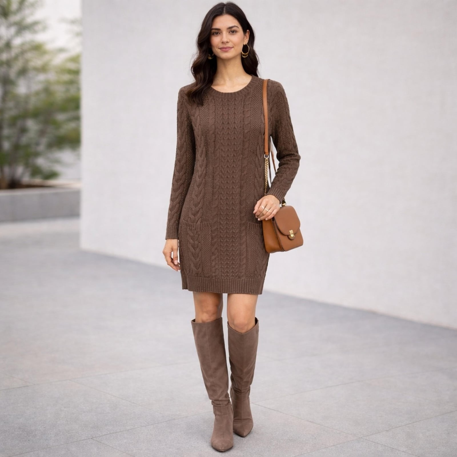 Brown Cable Knit Sweater Dress with Taupe Boots Brown Cable Knit Sweater Dress with Taupe Boots — Trendy Brown Sweater Outfit