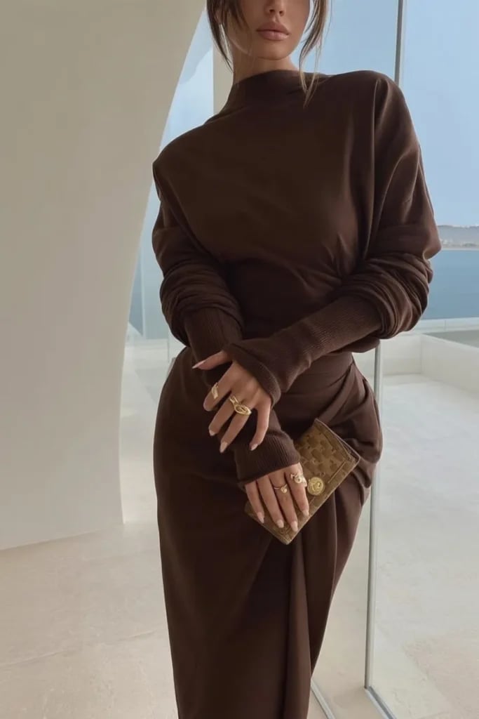 Rich Brown Knit Sweater Dress with Draped Waist Rich Brown Knit Sweater Dress with Draped Waist — Trendy Brown Sweater Outfit