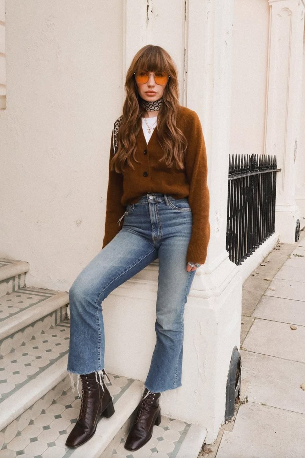 Brown Knit Cardigan with Light Blue Jeans and Boots Brown Knit Cardigan with Light Blue Jeans and Boots — Trendy Brown Sweater Outfit