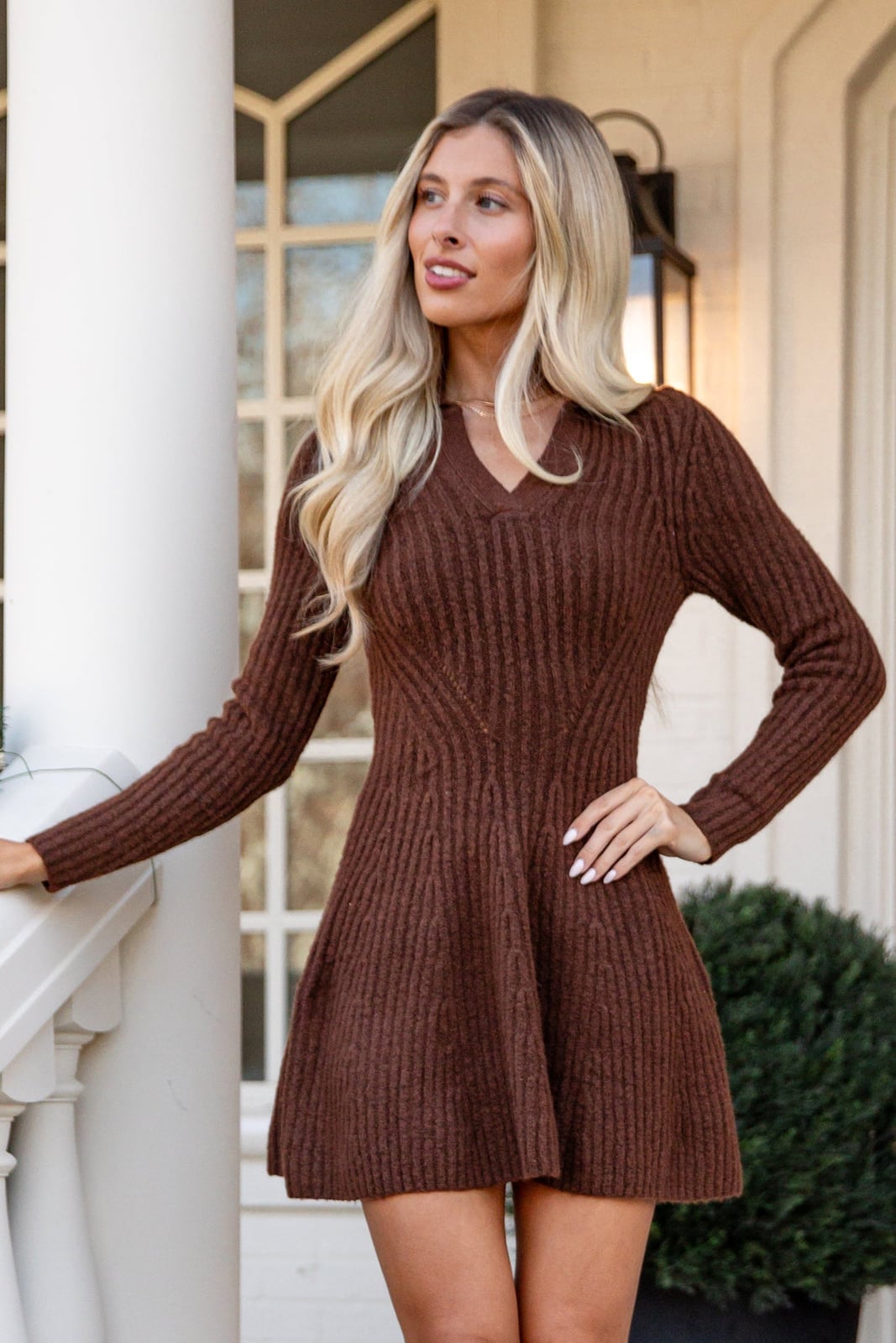 Medium Brown Ribbed Knit Sweater Dress with Flared Skirt Medium Brown Ribbed Knit Sweater Dress with Flared Skirt — Trendy Brown Sweater Outfit