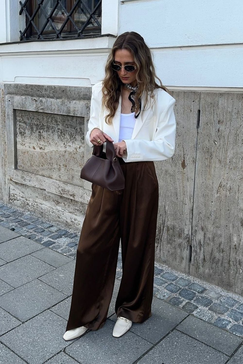 Satin Wide Leg Trousers Casual Ensemble Satin Wide Leg Trousers Casual Ensemble — Trendy Brown Trousers Outfit