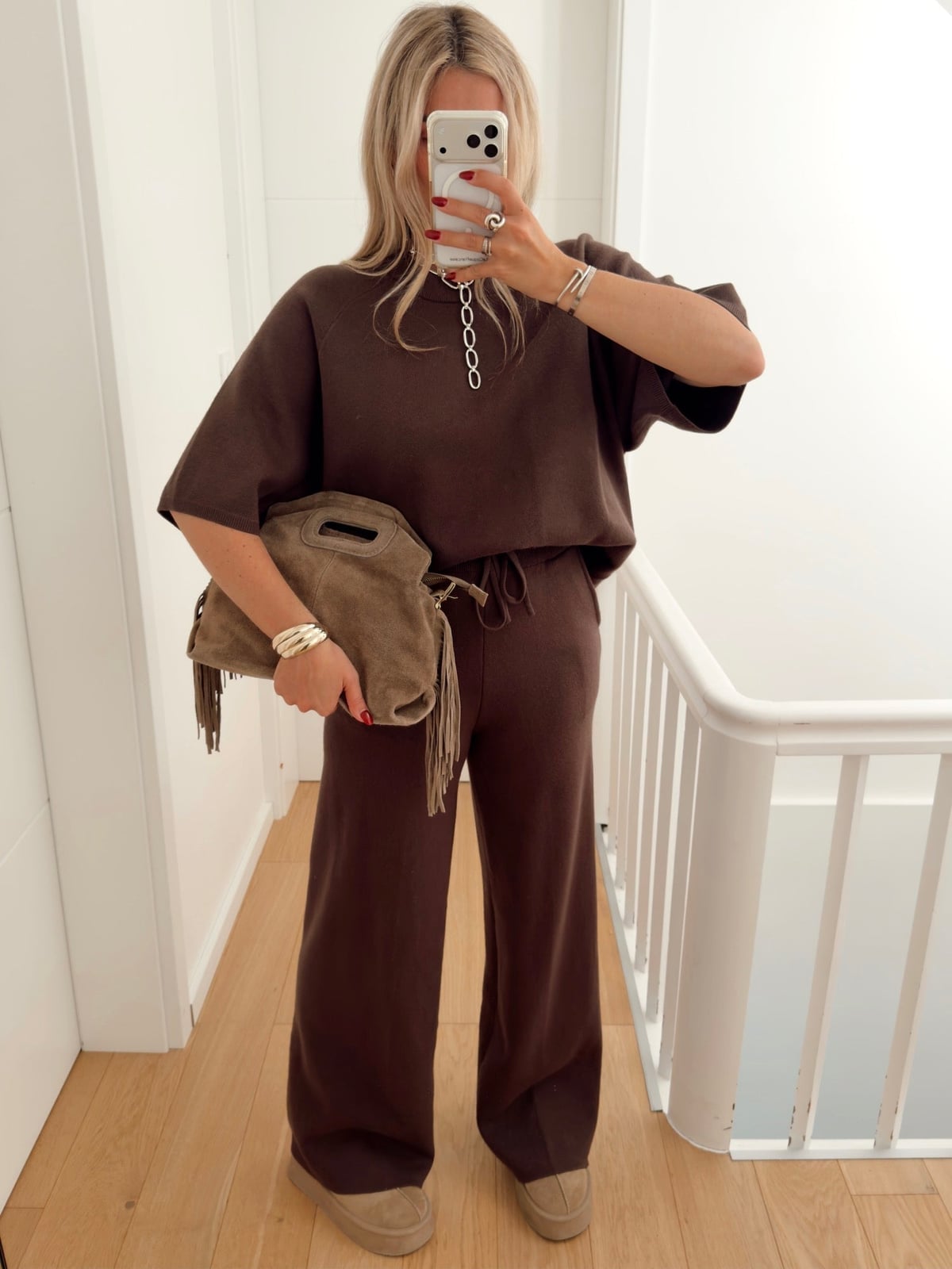 Chocolate Brown Knit Matching Set Chocolate Brown Knit Matching Set — Trendy Brown Trousers Outfit